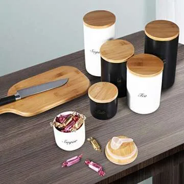 Yangbaga Canisters Sets for Kitchen-Set of 3 Kitchen Canisters for Countertop with Airtight Wood Lids/Spoons/Stickers, Ceramic Food Storage Containers for Large Flour,Suger,Coffee (42/30/9OZ)