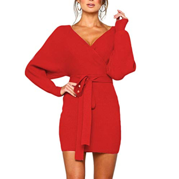 Mansy Women's Sexy Cocktail Batwing Long Sleeve Backless Mock Wrap Knit Sweater Mini Dress Red