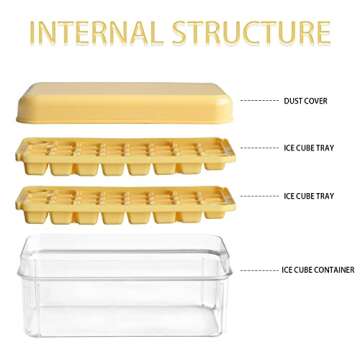 Ice Cube Tray, Square Ice Trays for Freezer with Lid & Bin, Square Ice Cube Mold, 2 Tiers, 1 Ice Bucket and Shovel, Easy Release Stackable Spill-Resistant(Yellow)