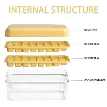 Ice Cube Tray, Square Ice Trays for Freezer with Lid & Bin, Square Ice Cube Mold, 2 Tiers, 1 Ice Bucket and Shovel, Easy Release Stackable Spill-Resistant(Yellow)
