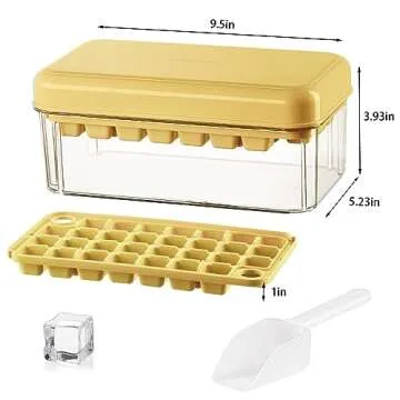 Ice Cube Tray, Square Ice Trays for Freezer with Lid & Bin, Square Ice Cube Mold, 2 Tiers, 1 Ice Bucket and Shovel, Easy Release Stackable Spill-Resistant(Yellow)
