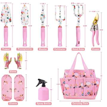Floral Garden Tools Set,Heavy Duty Gardening Tools for Gardener,Gardening Gifts for Women,Storage Tote Bag,Sleeves,Gloves,Trowel,Transplanter,Rake,Weeder,Cultivator,Pruner,Succulent Hand Tools,Pink