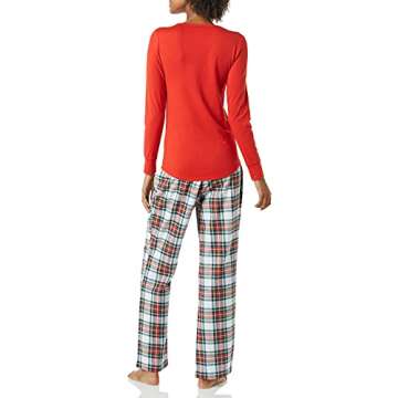 Amazon Essentials Women's Lightweight Flannel Pant and Long-Sleeve T-Shirt Sleep Set, Chic Red Tarta...