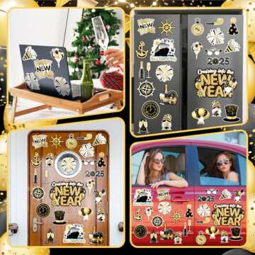 Xuhal 23 Pcs New Year Cruise Door Magnet Gold Black New Year Refrigerator Magnets Gnome Balloon Fridge Magnetic Stickers Garage Magnet for Holiday Car Cabin Door Decor
