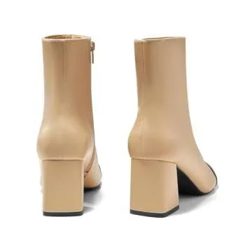 Coutgo Womens Ankle Boots Chunky Block Heel Two Tone Round Toe Side Zipper Dress Fall Booties Shoes, Khaki, Size 7.5