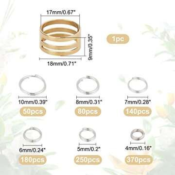 PH PandaHall Jewelry Making Jump Ring, 900 Pcs 6 Sizes Iron Split Rings 18 Gauge Double Loop Jump Ring 4/5/6/7/8/10mm Jewelry Connector with Opener Tool for Earring Bracelet, Platinum