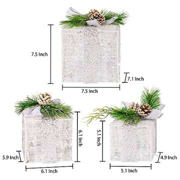 FUNPENY Set of 3 Christmas Lighted Gift Boxes, Plug in 60 LED Light Up Tinsel Present Box Decorations for Outdoor Indoor Christmas Tree, Yard, Home Decor (Max. Size 7.5 x 7.5 x7.1 Inch) (Warm White)