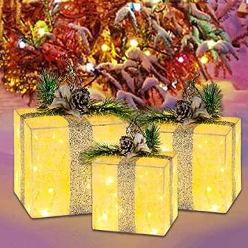 FUNPENY Set of 3 Christmas Lighted Gift Boxes, Plug in 60 LED Light Up Tinsel Present Box Decorations for Outdoor Indoor Christmas Tree, Yard, Home Decor (Max. Size 7.5 x 7.5 x7.1 Inch) (Warm White)