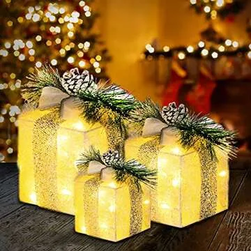 FUNPENY Set of 3 Christmas Lighted Gift Boxes, Plug in 60 LED Light Up Tinsel Present Box Decorations for Outdoor Indoor Christmas Tree, Yard, Home Decor (Max. Size 7.5 x 7.5 x7.1 Inch) (Warm White)