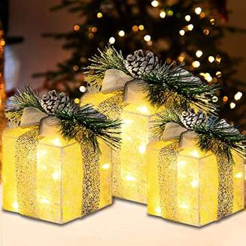 FUNPENY Set of 3 Christmas Lighted Gift Boxes, Plug in 60 LED Light Up Tinsel Present Box Decorations for Outdoor Indoor Christmas Tree, Yard, Home Decor (Max. Size 7.5 x 7.5 x7.1 Inch) (Warm White)