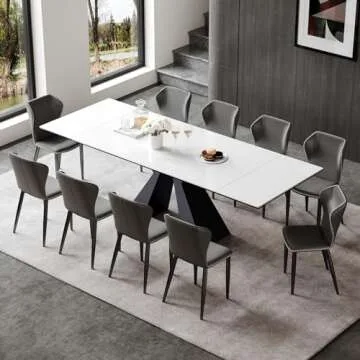 TimesGate Extendable Dining Table for 8-12 Seat, Flexible Stretch, Tabletop Made from Rock Plate and Tempered Glass, Solid Carbon Steel Base, 35.4" D x 94.5" W x 30" H, White Top