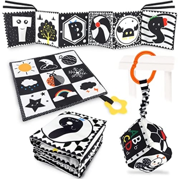 KUANGO 3 PCS Black and White High Contrast Baby Toys for Newborns
