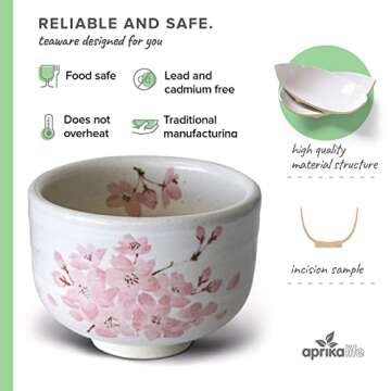 aprikalife - Traditional Japanese Matcha Tea Bowl, Handcrafted Ceramic, Tea Ceremony Cup, White Glaze with Japanese Cherry Blossoms