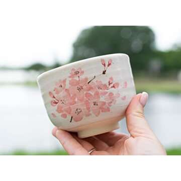 aprikalife - Traditional Japanese Matcha Tea Bowl, Handcrafted Ceramic, Tea Ceremony Cup, White Glaze with Japanese Cherry Blossoms