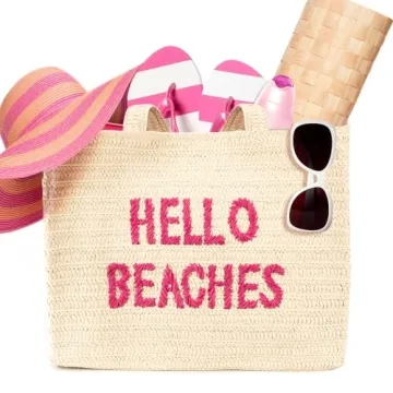 Hello Beaches: beach tote bags. A packable straw beach bag that packs flat. Beach bags for women are beach essentials. Use as a large beach travel tote bag or a pool bag. Beach tote for vacation.