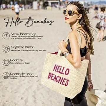 Hello Beaches: beach tote bags. A packable straw beach bag that packs flat. Beach bags for women are beach essentials. Use as a large beach travel tote bag or a pool bag. Beach tote for vacation.