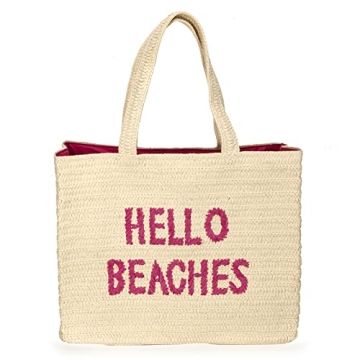 Hello Beaches: beach tote bags. A packable straw beach bag that packs flat. Beach bags for women are beach essentials. Use as a large beach travel tote bag or a pool bag. Beach tote for vacation.