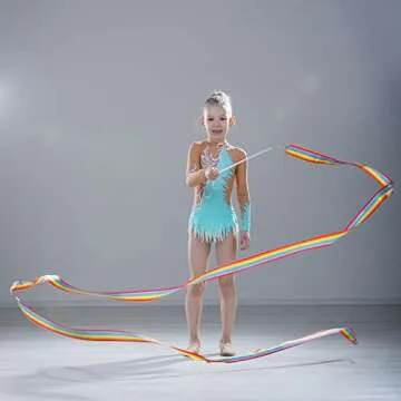 YGEOMER 12pcs Dance Ribbons, Rainbow Gymnastics Ribbon Wands for Kids Dancer, Dance Twirling Sticks Batons Streamers for Artistic Dancing, Talent Shows Dance Floor Party Props