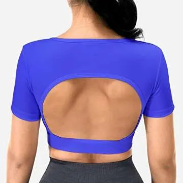 YEOREO Vanessa Women Tee Crop Tops with Removable Pad Workout Backless Gym Shirt Bra Going Out T Shirt Top Blue