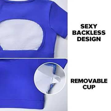 YEOREO Vanessa Women Tee Crop Tops with Removable Pad Workout Backless Gym Shirt Bra Going Out T Shirt Top Blue