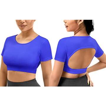 YEOREO Vanessa Women Tee Crop Tops with Removable Pad Workout Backless Gym Shirt Bra Going Out T Shirt Top Blue