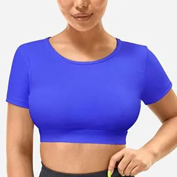 YEOREO Vanessa Women Tee Crop Tops with Removable Pad Workout Backless Gym Shirt Bra Going Out T Shirt Top Blue