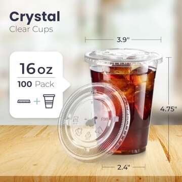 Fit Meal Prep 100 Pack 16 oz Clear Plastic Cups with Flat Lids, Disposable Iced Coffee Cups, BPA Fre...