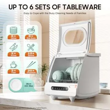 Portable tabletop dishwasher, compact dishwasher, countertop dishwasher, leak-proof drying, 360° spray arm, 5 programmes, for houses, flats and dormitories, white.
