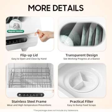 Portable tabletop dishwasher, compact dishwasher, countertop dishwasher, leak-proof drying, 360° spray arm, 5 programmes, for houses, flats and dormitories, white.