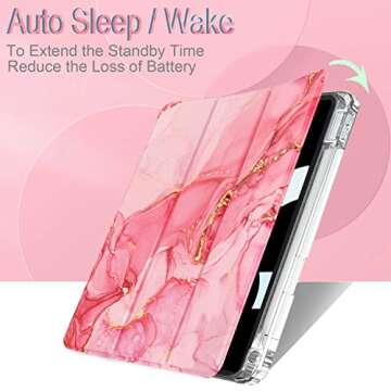 Feams Case for iPad (A16) 11th Generation 11 Inch 2025, iPad 10th Generation Case 10.9 Inch 2022, Slim iPad A16 /10th Gen Case Clear Back Cover with Pencil Holder & Auto Sleep, Pink Marble