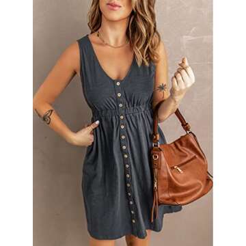 Acelitt Women Casual Summer 2025 Fashion V Neck Sleeveless Button Down Dresses Elastic Waist Pleated Mini A-Line Swing Dress Gray XL