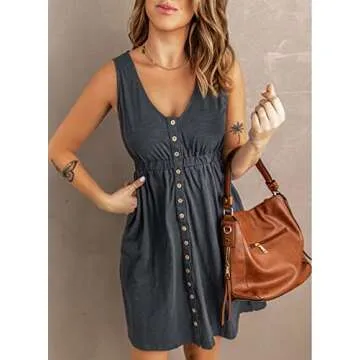 Acelitt Women Casual Summer 2025 Fashion V Neck Sleeveless Button Down Dresses Elastic Waist Pleated Mini A-Line Swing Dress Gray XL