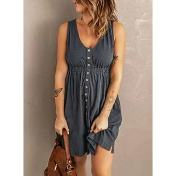Acelitt Women Casual Summer 2025 Fashion V Neck Sleeveless Button Down Dresses Elastic Waist Pleated Mini A-Line Swing Dress Gray XL