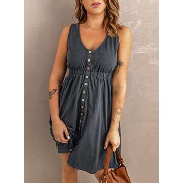 Acelitt Women Casual Summer 2025 Fashion V Neck Sleeveless Button Down Dresses Elastic Waist Pleated Mini A-Line Swing Dress Gray XL