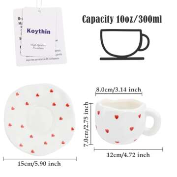 Koythin Ceramic Coffee Mug with Saucer, Cute Red Heart Cup for Women for Office and Home, Couple Cup...