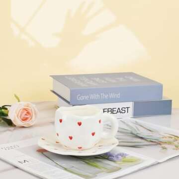 Koythin Ceramic Coffee Mug with Saucer, Cute Red Heart Cup for Women for Office and Home, Couple Cups for Girlfriends, 10 oz/300 ml for Latte Tea Milk (Small Red Heart)