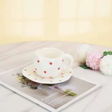 Koythin Ceramic Coffee Mug with Saucer, Cute Red Heart Cup for Women for Office and Home, Couple Cups for Girlfriends, 10 oz/300 ml for Latte Tea Milk (Small Red Heart)