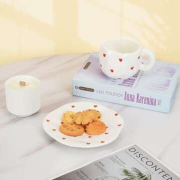 Koythin Ceramic Coffee Mug with Saucer, Cute Red Heart Cup for Women for Office and Home, Couple Cups for Girlfriends, 10 oz/300 ml for Latte Tea Milk (Small Red Heart)