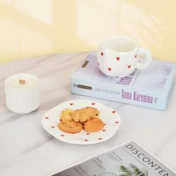 Koythin Ceramic Coffee Mug with Saucer, Cute Red Heart Cup for Women for Office and Home, Couple Cups for Girlfriends, 10 oz/300 ml for Latte Tea Milk (Small Red Heart)