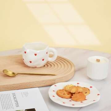 Koythin Ceramic Coffee Mug with Saucer, Cute Red Heart Cup for Women for Office and Home, Couple Cups for Girlfriends, 10 oz/300 ml for Latte Tea Milk (Small Red Heart)