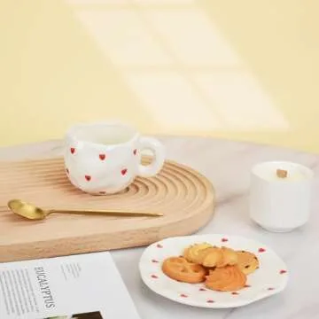 Koythin Ceramic Coffee Mug with Saucer, Cute Red Heart Cup for Women for Office and Home, Couple Cups for Girlfriends, 10 oz/300 ml for Latte Tea Milk (Small Red Heart)