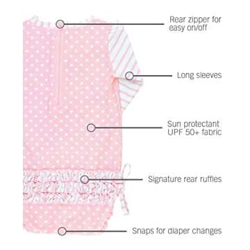 RuffleButts Baby Girls UPF 50+ Sun Protection Polka Dot Long Sleeve One Piece Rash Guard Swimsuit with Zipper - Pink Polka, 12-18m