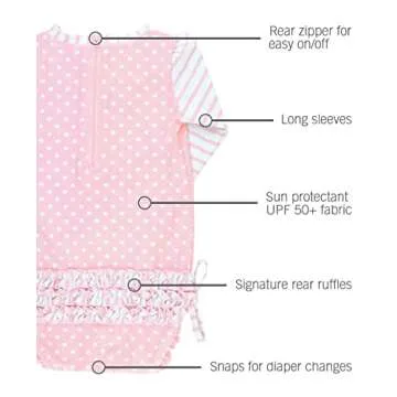 RuffleButts Baby Girls UPF 50+ Sun Protection Polka Dot Long Sleeve One Piece Rash Guard Swimsuit with Zipper - Pink Polka, 12-18m