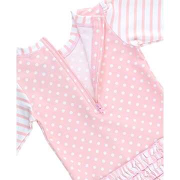 RuffleButts Baby Girls UPF 50+ Sun Protection Polka Dot Long Sleeve One Piece Rash Guard Swimsuit with Zipper - Pink Polka, 12-18m