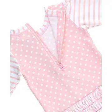 RuffleButts Baby Girls UPF 50+ Sun Protection Polka Dot Long Sleeve One Piece Rash Guard Swimsuit with Zipper - Pink Polka, 12-18m