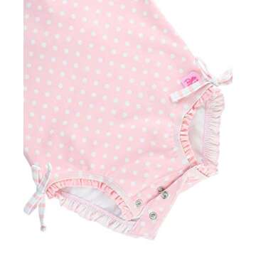 RuffleButts Baby Girls UPF 50+ Sun Protection Polka Dot Long Sleeve One Piece Rash Guard Swimsuit with Zipper - Pink Polka, 12-18m