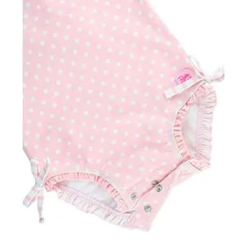 RuffleButts Baby Girls UPF 50+ Sun Protection Polka Dot Long Sleeve One Piece Rash Guard Swimsuit with Zipper - Pink Polka, 12-18m