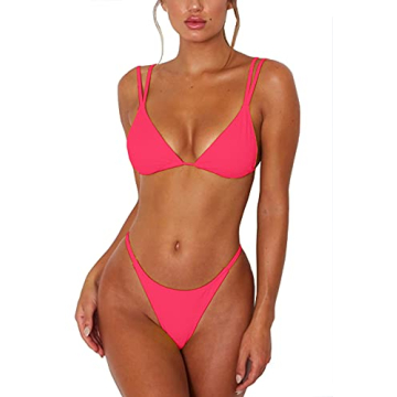 Bright Pink Bikini Swimsuits Set for Women High Cut Cheeky