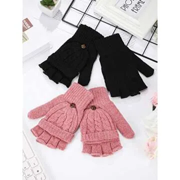 2 Pairs Women's Winter Fingerless Gloves Winter Knitted Mittens Convertible Gloves with Buttoned Thumb Cover (Style Set 2)