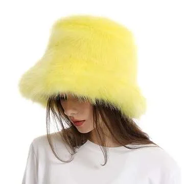 Popchrio Fuzzy Bucket Hat for Women Winter Fluffy Furry Faux Fur Hats PlushRainbow Cute Women's Bucket Hats Yellow